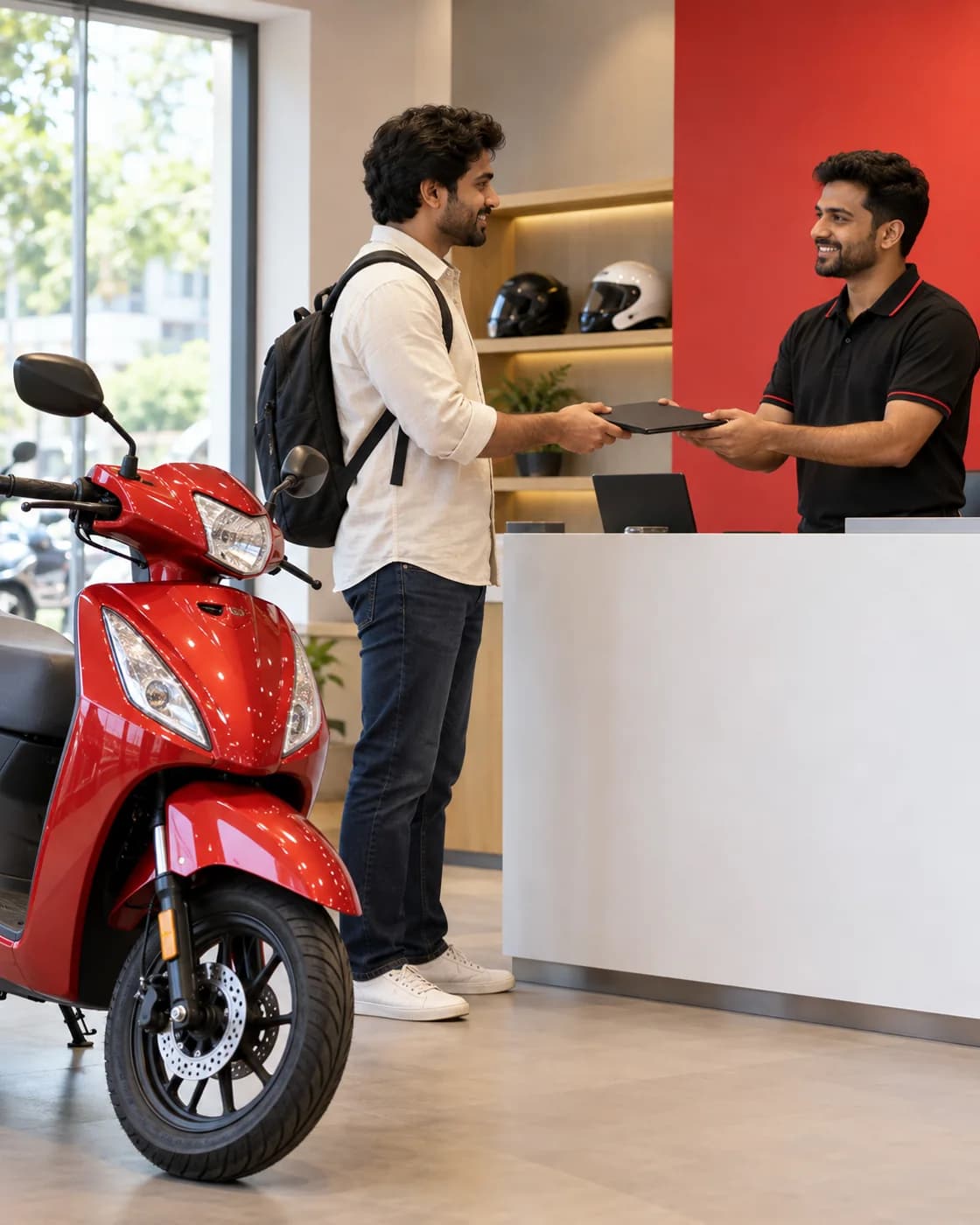 Illustrative rental pickup with a rider handing documents to a store team member