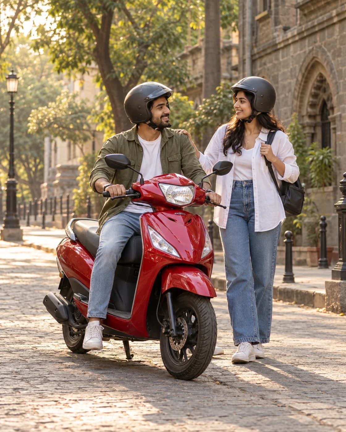 Two helmeted riders beside a red scooter on a tree-lined street